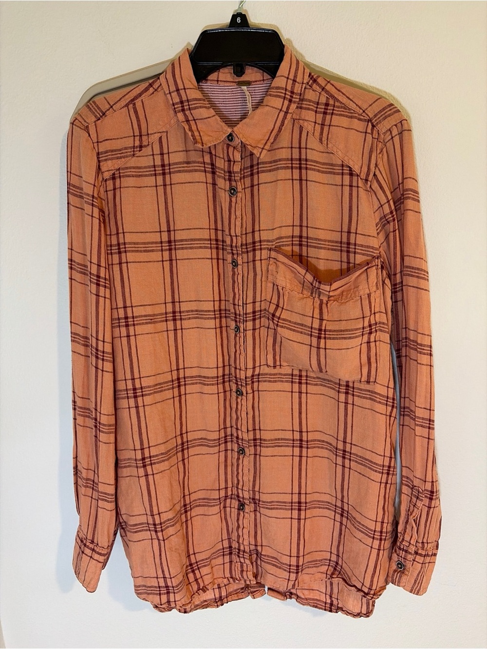 Free People Shirt M Oversized Linen Plaid Button Down Long Sleeve Boho Cottage